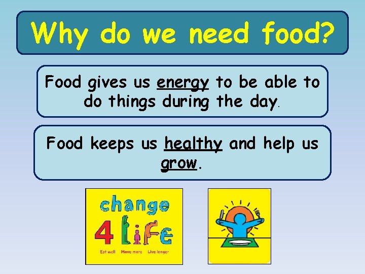 Why do we need food? Food gives us energy to be able to do