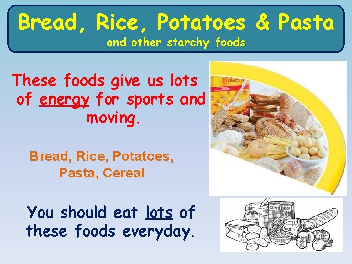 Bread, Rice, Potatoes & Pasta and other starchy foods These foods give us lots