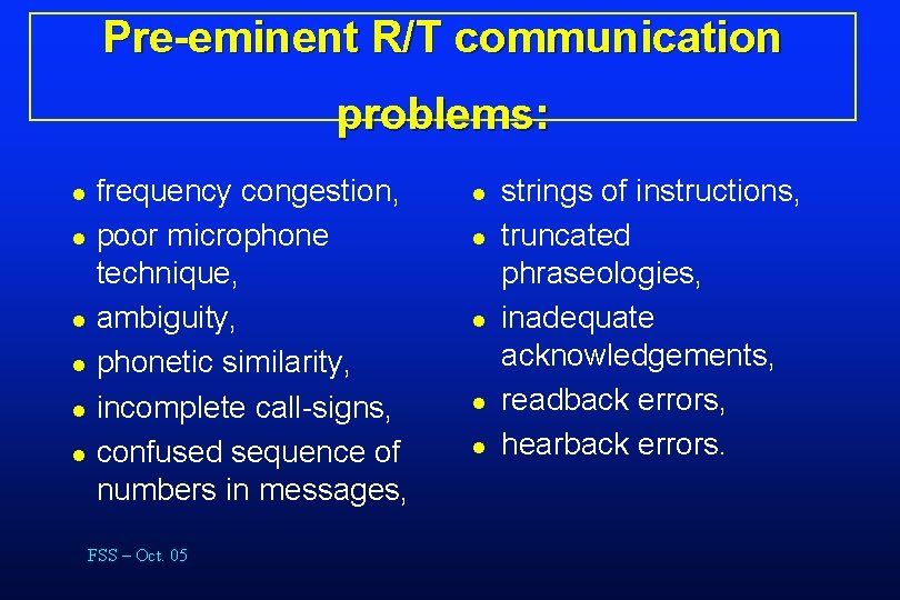 Pre-eminent R/T communication problems: l l l frequency congestion, poor microphone technique, ambiguity, phonetic