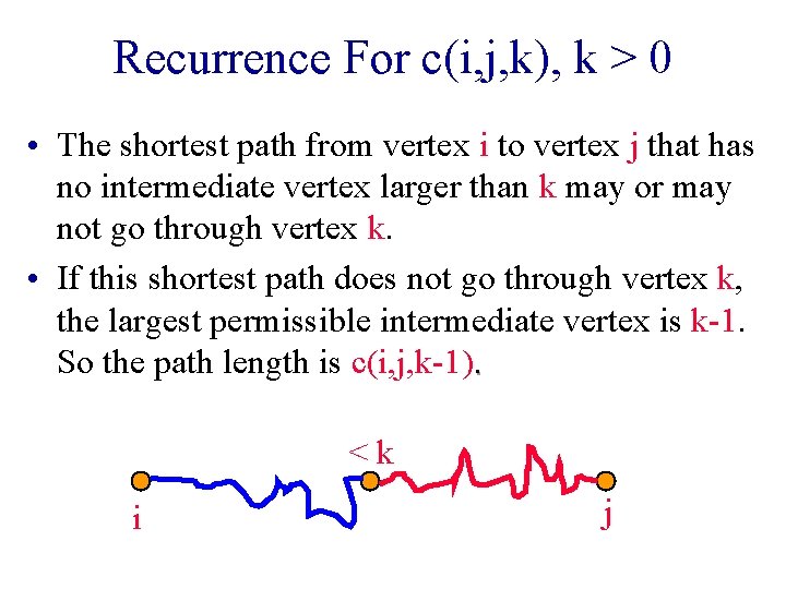 Recurrence For c(i, j, k), k > 0 • The shortest path from vertex