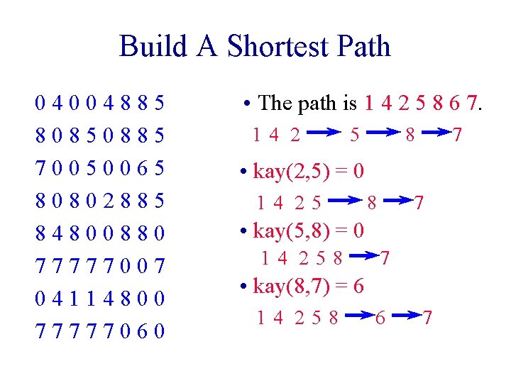 Build A Shortest Path 04004885 80850885 70050065 80802885 84800880 77777007 04114800 77777060 • The