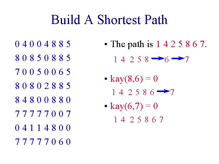 Build A Shortest Path 04004885 80850885 70050065 80802885 84800880 77777007 04114800 77777060 • The