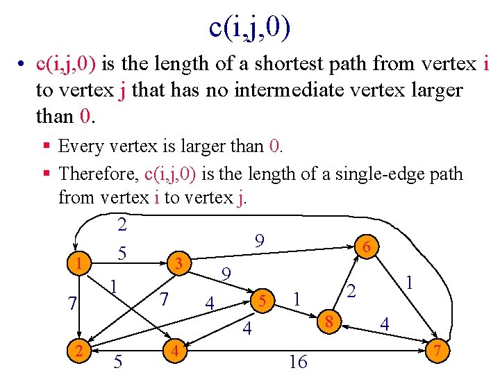 c(i, j, 0) • c(i, j, 0) is the length of a shortest path