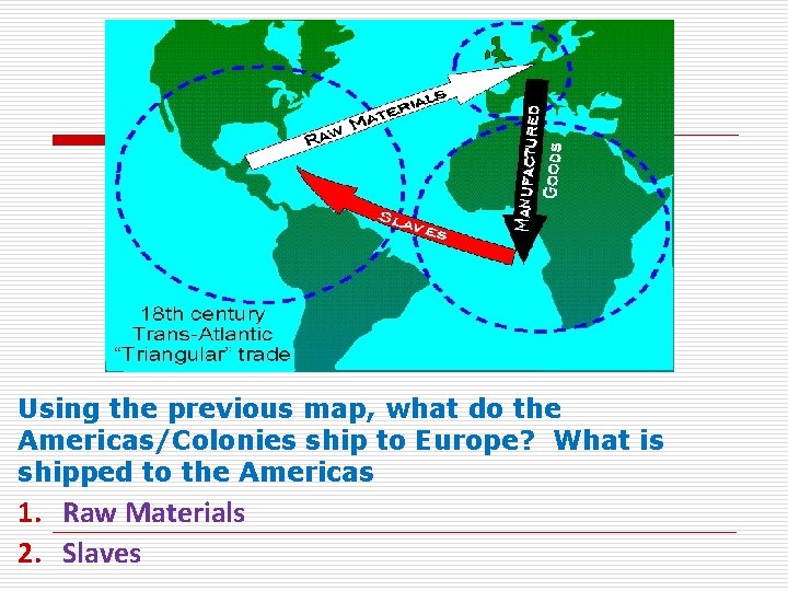 Using the previous map, what do the Americas/Colonies ship to Europe? What is shipped
