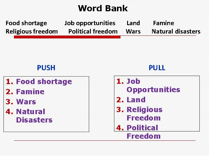 Word Bank Food shortage Job opportunities Religious freedom Political freedom PUSH 1. 2. 3.