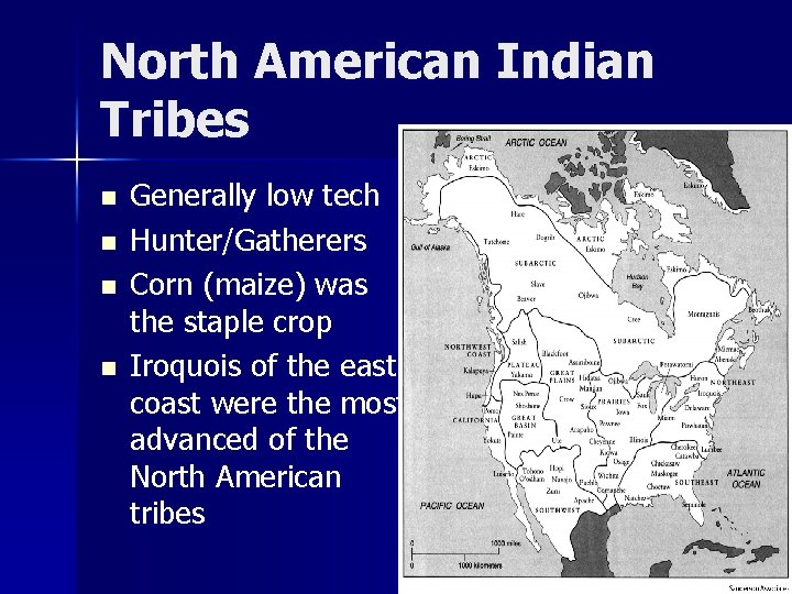 North American Indian Tribes n n Generally low tech Hunter/Gatherers Corn (maize) was the