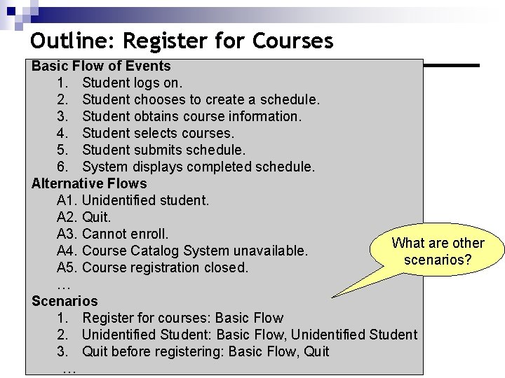 Outline: Register for Courses Basic Flow of Events 1. Student logs on. 2. Student