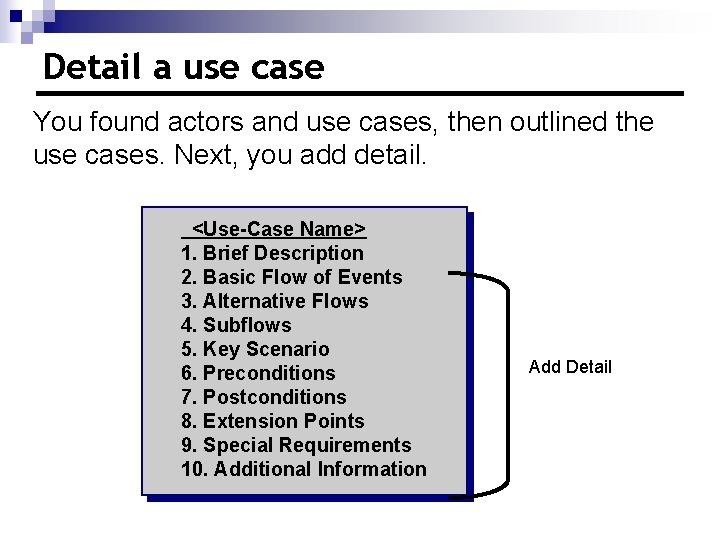 Detail a use case You found actors and use cases, then outlined the use