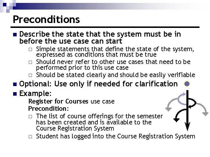 Preconditions n Describe the state that the system must be in before the use