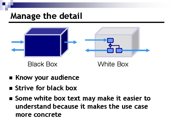 Manage the detail Black Box White Box n Know your audience n Strive for