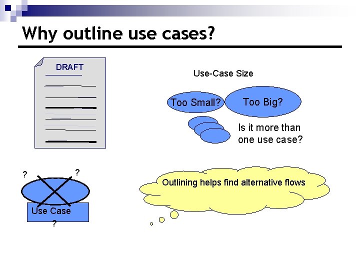 Why outline use cases? DRAFT Use-Case Size Too Small? Too Big? Is it more