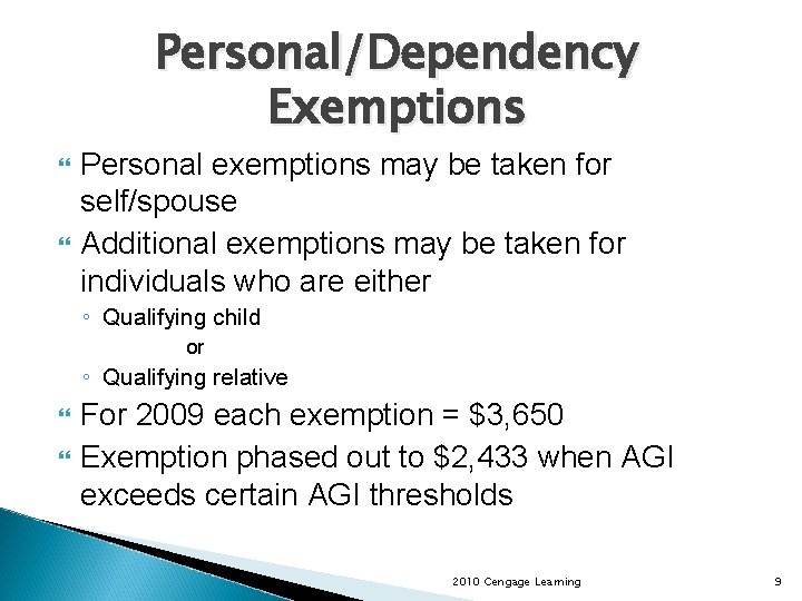 Personal/Dependency Exemptions Personal exemptions may be taken for self/spouse Additional exemptions may be taken