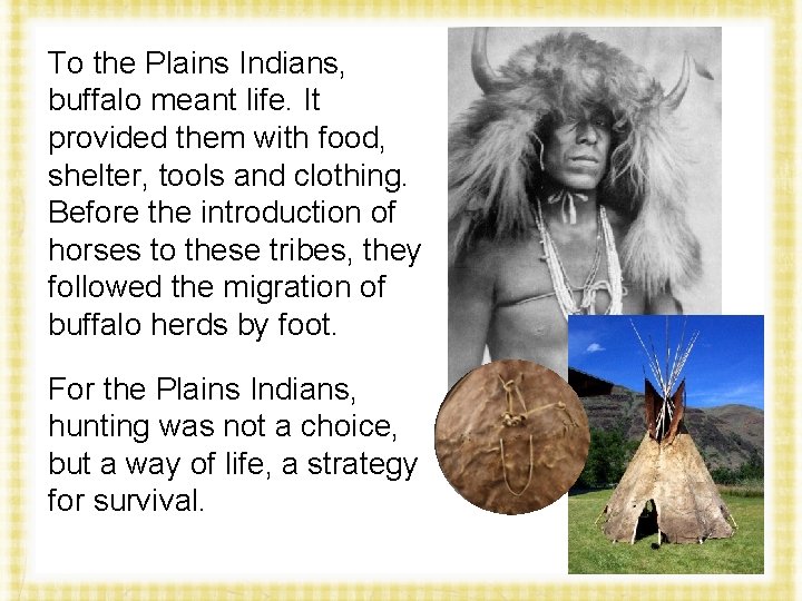 To the Plains Indians, buffalo meant life. It provided them with food, shelter, tools