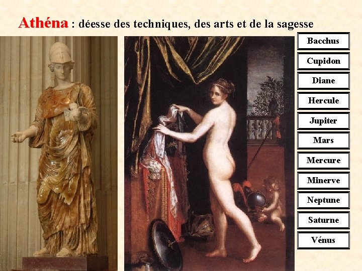 Athéna : déesse des techniques, des arts et de la sagesse Bacchus Cupidon Diane