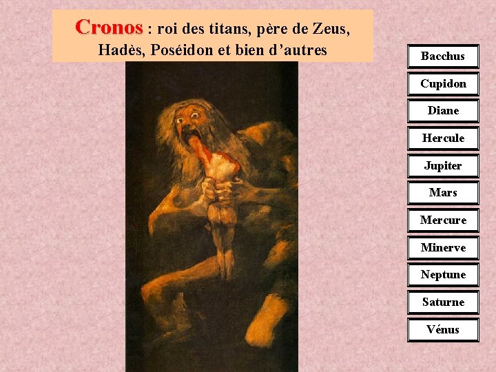 Cronos : roi des titans, père de Zeus, Hadès, Poséidon et bien d’autres Bacchus