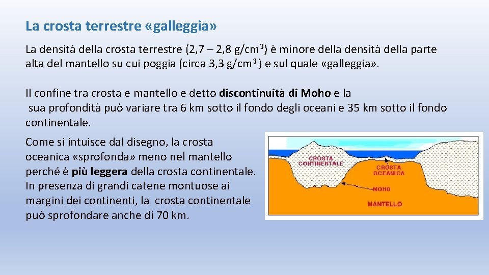 La crosta terrestre «galleggia» La densità della crosta terrestre (2, 7 – 2, 8