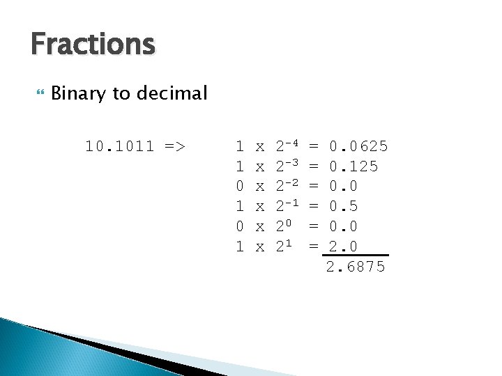 Fractions Binary to decimal 10. 1011 => 1 1 0 1 x x x
