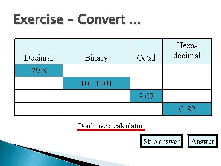 Exercise – Convert. . . Decimal 29. 8 Binary Octal Hexadecimal 101. 1101 3.
