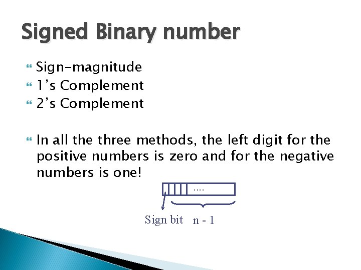 Signed Binary number Sign-magnitude 1’s Complement 2’s Complement In all the three methods, the