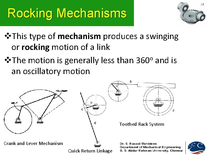 Rocking Mechanisms v. This type of mechanism produces a swinging or rocking motion of