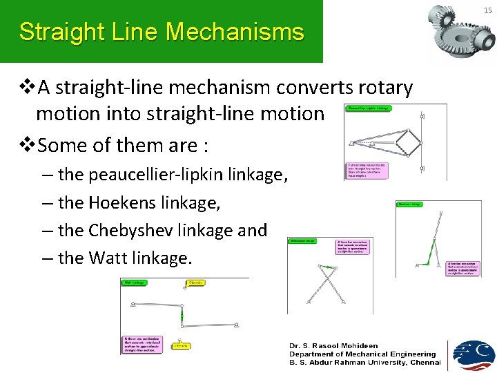 15 Straight Line Mechanisms v. A straight-line mechanism converts rotary motion into straight-line motion