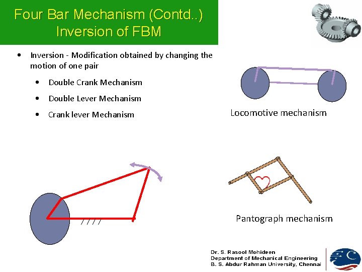 Four Bar Mechanism (Contd. . ) Inversion of FBM • Inversion - Modification obtained