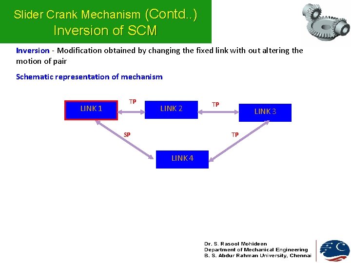 Slider Crank Mechanism (Contd. . ) Inversion of SCM Inversion - Modification obtained by