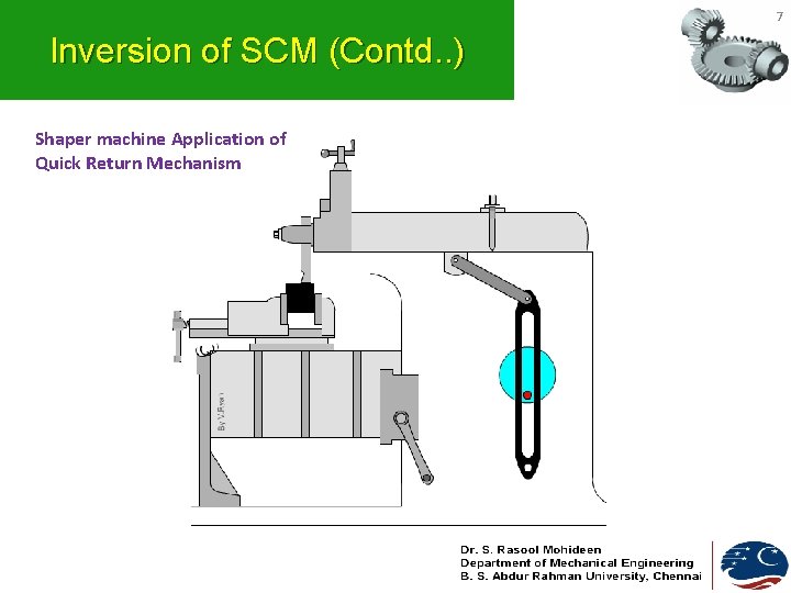 7 Inversion of SCM (Contd. . ) Shaper machine Application of Quick Return Mechanism