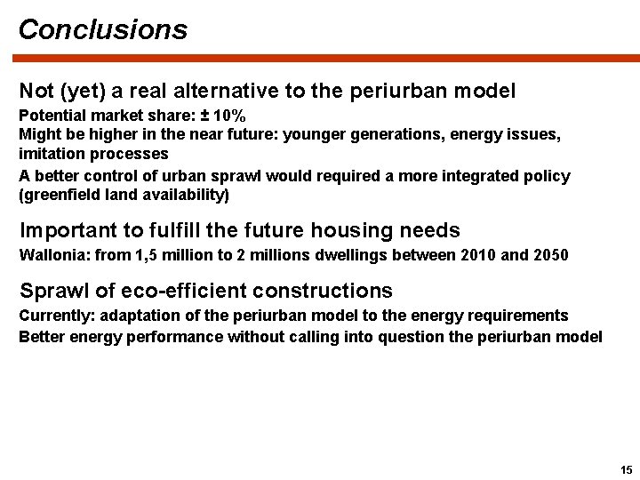Conclusions Not (yet) a real alternative to the periurban model Potential market share: ±