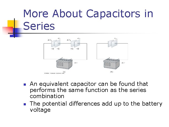 More About Capacitors in Series n n An equivalent capacitor can be found that