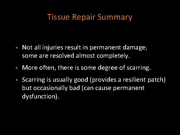 Tissue Repair Summary • Not all injuries result in permanent damage; some are resolved