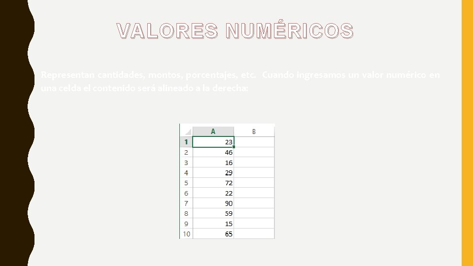 VALORES NUMÉRICOS Representan cantidades, montos, porcentajes, etc. Cuando ingresamos un valor numérico en una