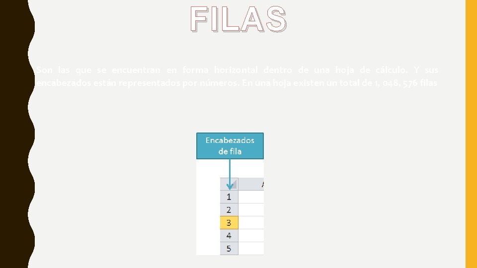 FILAS Son las que se encuentran en forma horizontal dentro de una hoja de