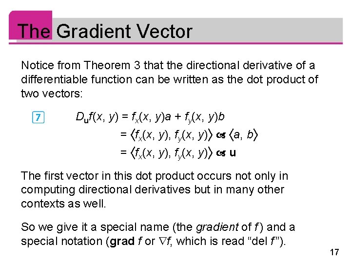 The Gradient Vector Notice from Theorem 3 that the directional derivative of a differentiable