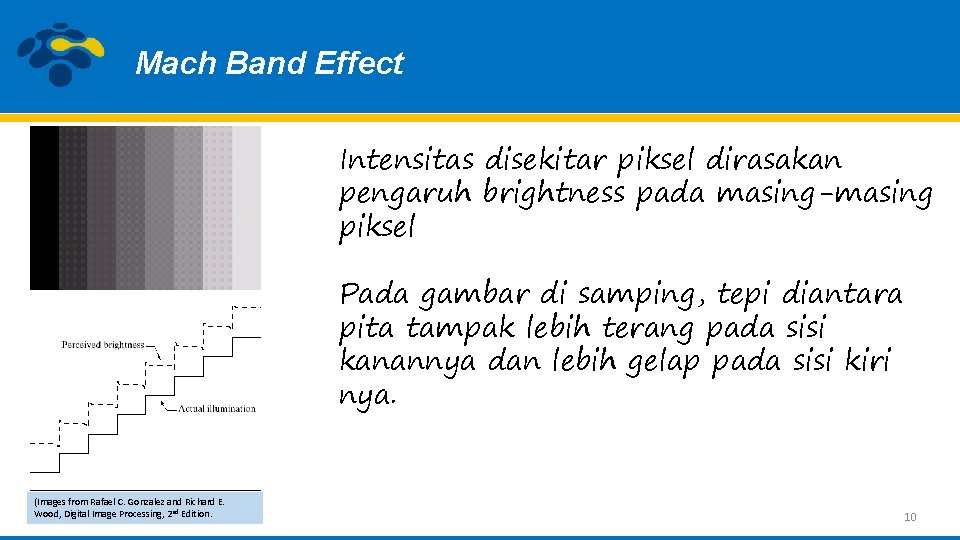Mach Band Effect Intensitas disekitar piksel dirasakan pengaruh brightness pada masing-masing piksel Pada gambar