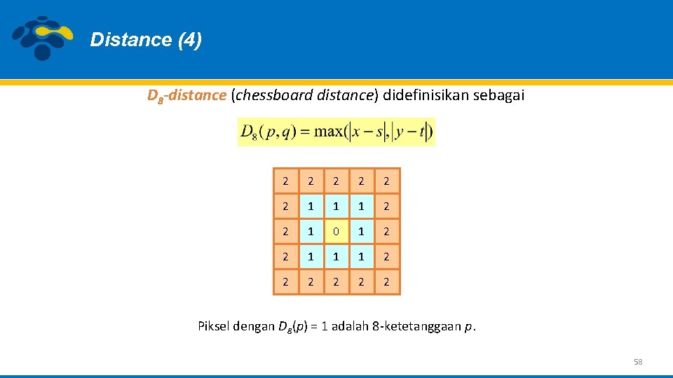 Distance (4) D 8 -distance (chessboard distance) didefinisikan sebagai 2 2 2 1 1