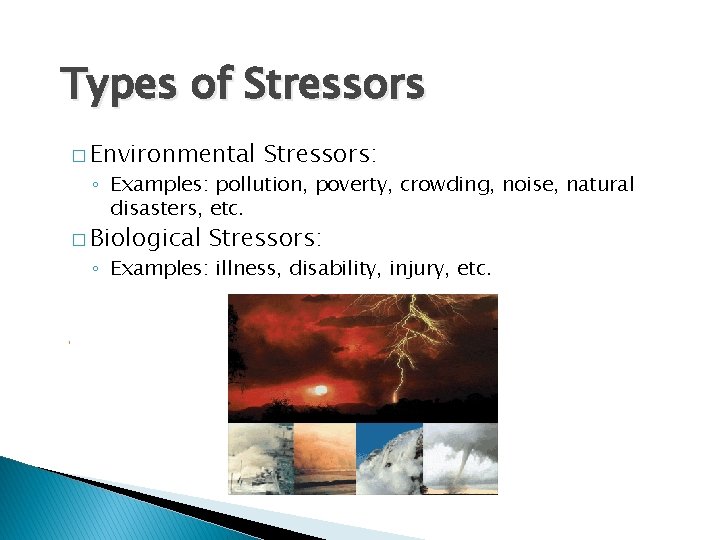 Types of Stressors � Environmental Stressors: ◦ Examples: pollution, poverty, crowding, noise, natural disasters,