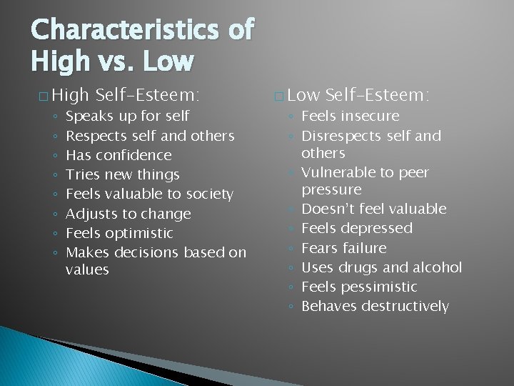 Characteristics of High vs. Low � High ◦ ◦ ◦ ◦ Self-Esteem: Speaks up