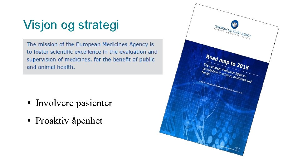 Visjon og strategi • Involvere pasienter • Proaktiv åpenhet 