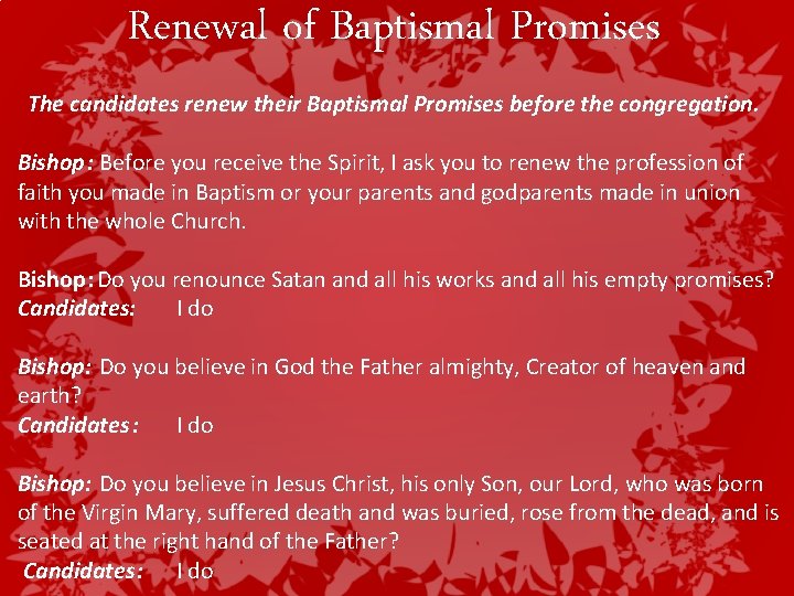 Renewal of Baptismal Promises The candidates renew their Baptismal Promises before the congregation. Bishop: Renewal of Baptismal Promises The candidates renew their Baptismal Promises before the congregation. Bishop: