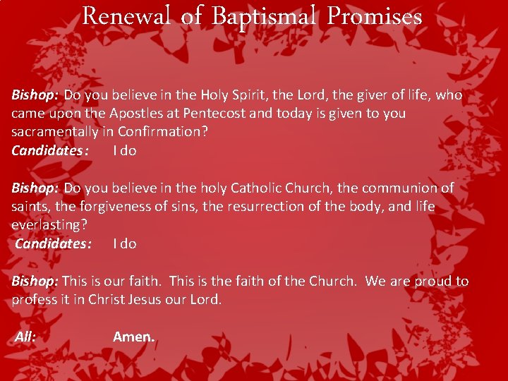 Renewal of Baptismal Promises Bishop: Do you believe in the Holy Spirit, the Lord, Renewal of Baptismal Promises Bishop: Do you believe in the Holy Spirit, the Lord,