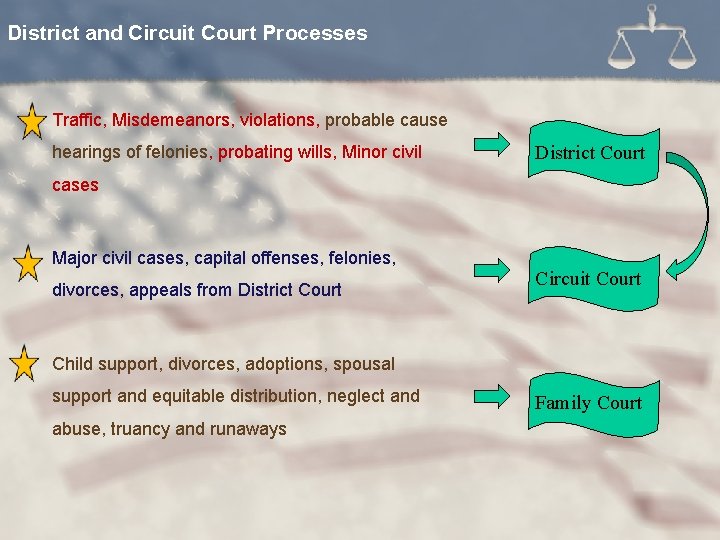 District and Circuit Court Processes l Traffic, Misdemeanors, violations, probable cause hearings of felonies,