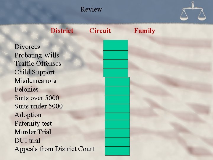 Review District Circuit Divorces Probating Wills Traffic Offenses Child Support Misdemeanors Felonies Suits over
