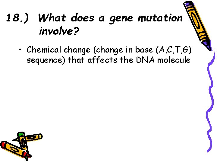 18. ) What does a gene mutation involve? • Chemical change (change in base