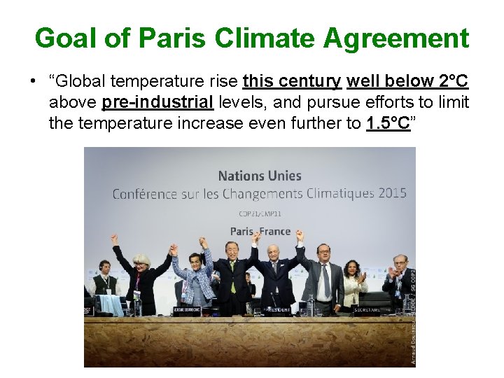 Goal of Paris Climate Agreement • “Global temperature rise this century well below 2°C