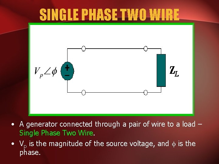 SINGLE PHASE TWO WIRE • A generator connected through a pair of wire to