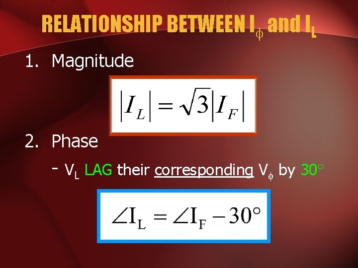 RELATIONSHIP BETWEEN I and IL 1. Magnitude 2. Phase - VL LAG their corresponding