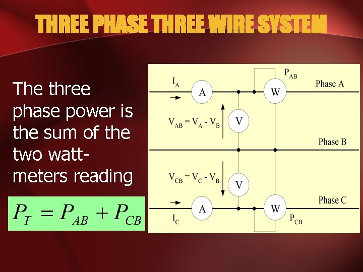 THREE PHASE THREE WIRE SYSTEM The three phase power is the sum of the