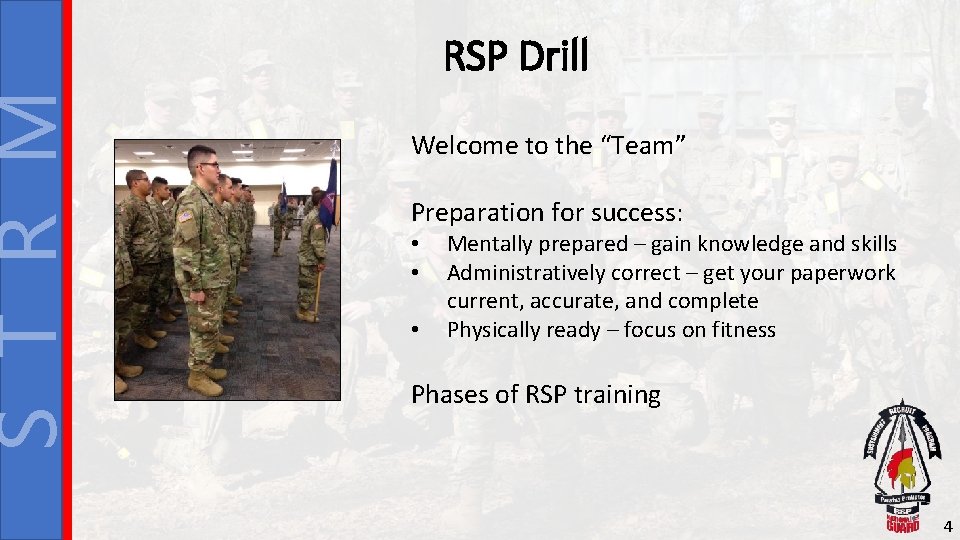 S T R M RSP Drill Welcome to the “Team” Preparation for success: •