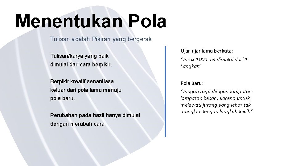 Menentukan Pola Tulisan adalah Pikiran yang bergerak Tulisan/karya yang baik Ujar-ujar lama berkata: dimulai